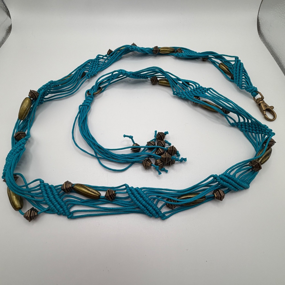 Womens Turquoise Blue Macrame Beaded Belt Boho Knotted Antique Brass Beads